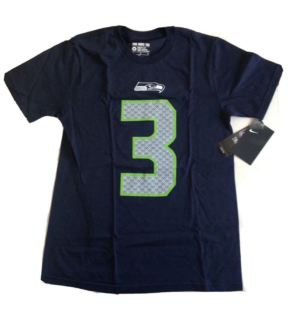 Nike Russell Wilson Seattle Seahawks Boys Navy Player Name & Number Tee YMD NEW - Picture 1 of 5